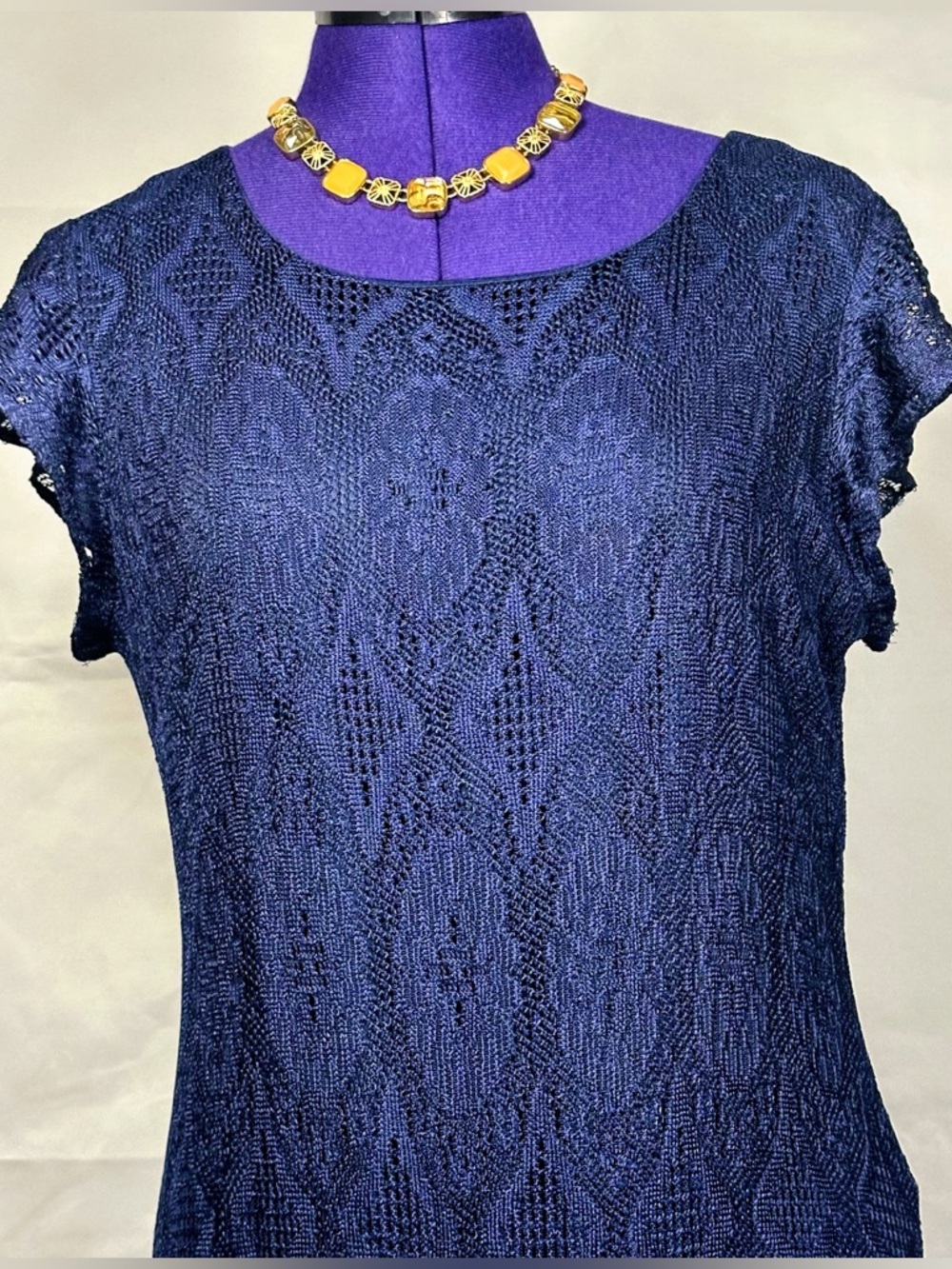 Elegant Navy Lace Maxi Dress with Cap Sleeves - Picture 3 of 8